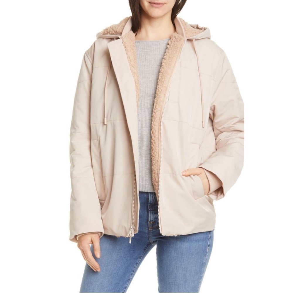 Vince Quilted Faux Shearling Lined Puffer Jacket Blush Pink Small Minimalist